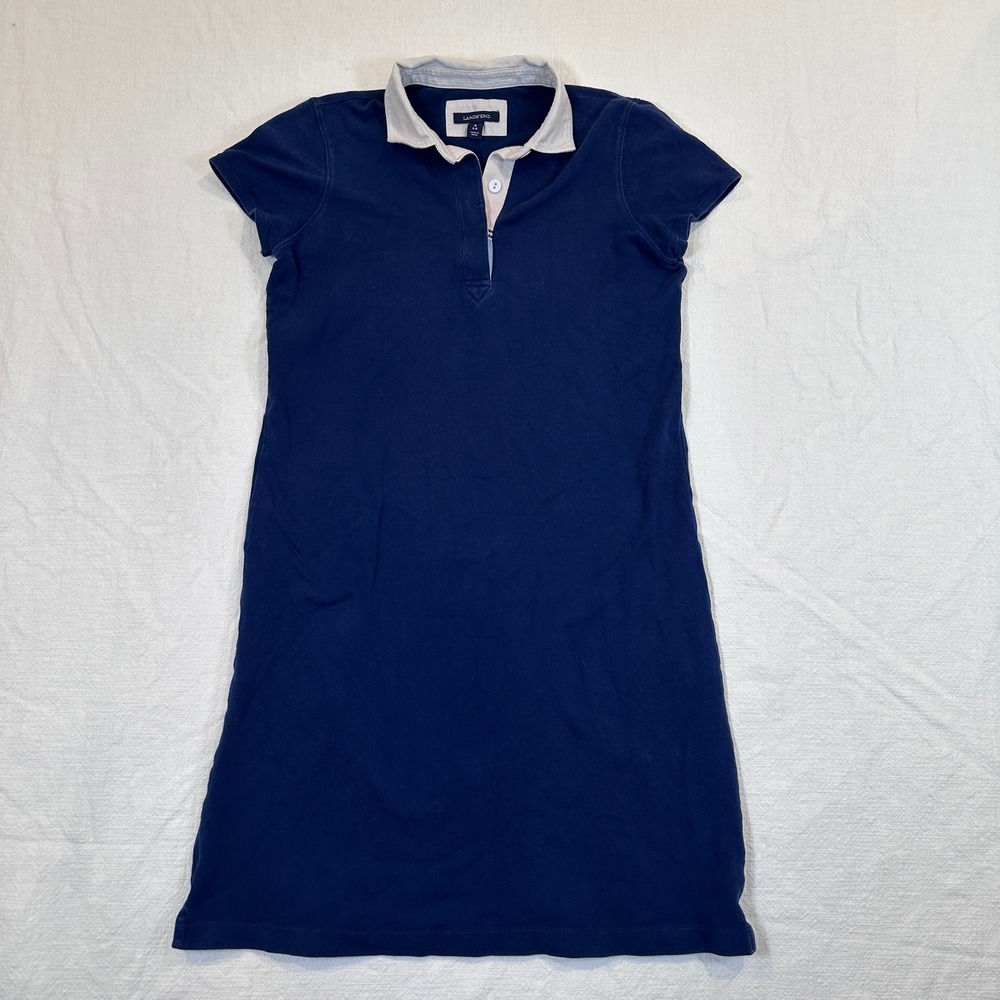 Lands End Womens Navy Blue Short Sleeve Polo Dress White Collar Size S 6-8